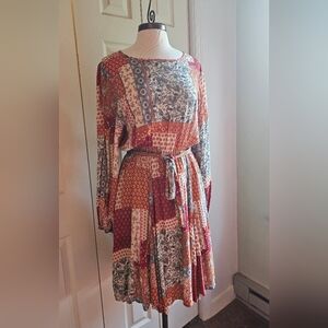 Fall dress Orange Creek Patchwork Red Orange and White Medium